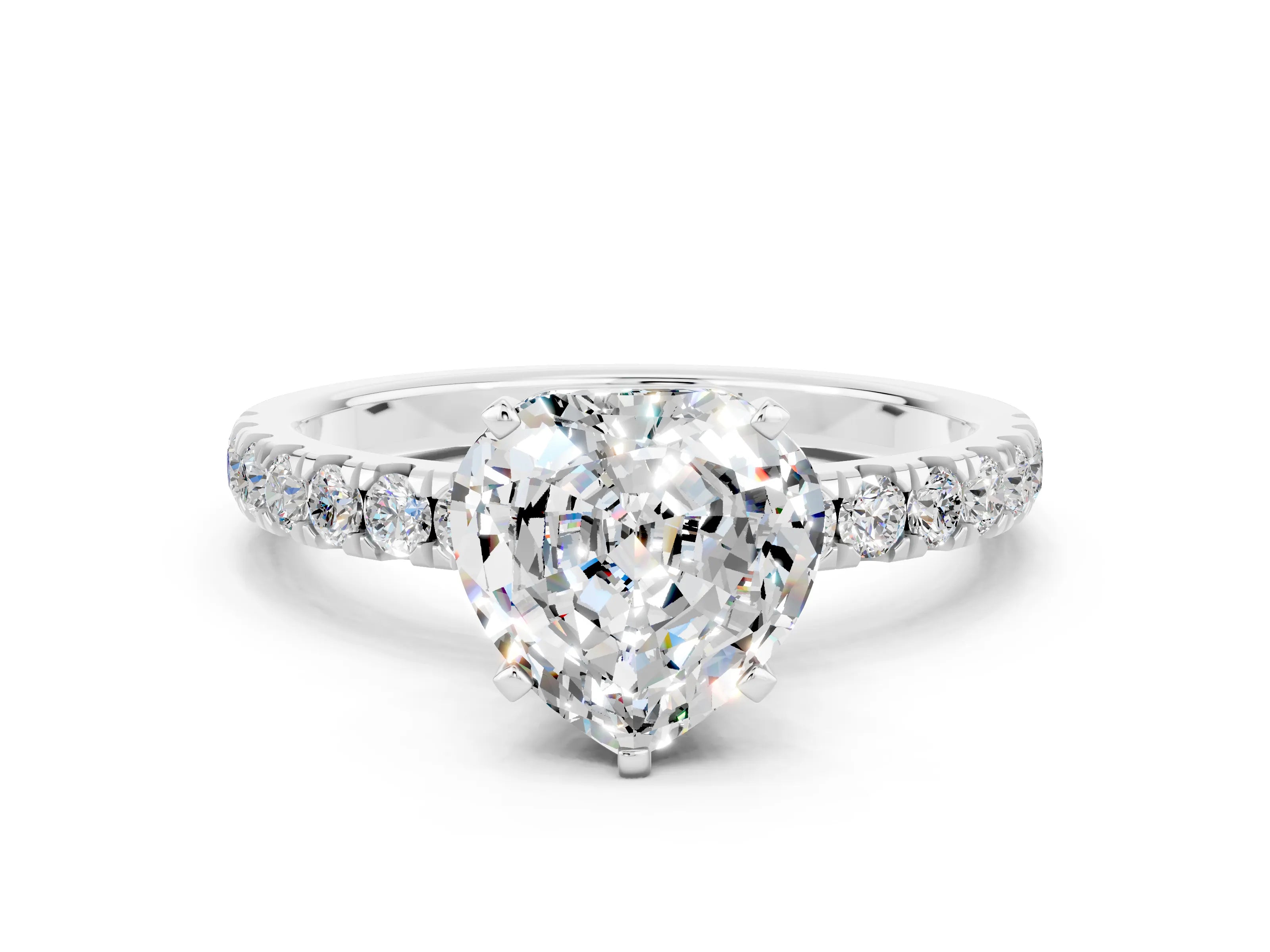White gold Heart Cut Moissanite Solitaire Ring with Pavé Accents and Four-Prong Setting