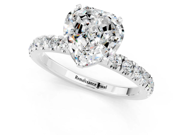 Silver Heart Cut Moissanite Solitaire Ring with Pavé Accents and Four-Prong Setting