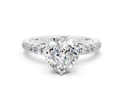 White gold Heart Cut Moissanite Solitaire Ring with Pavé Accents and Four-Prong Setting