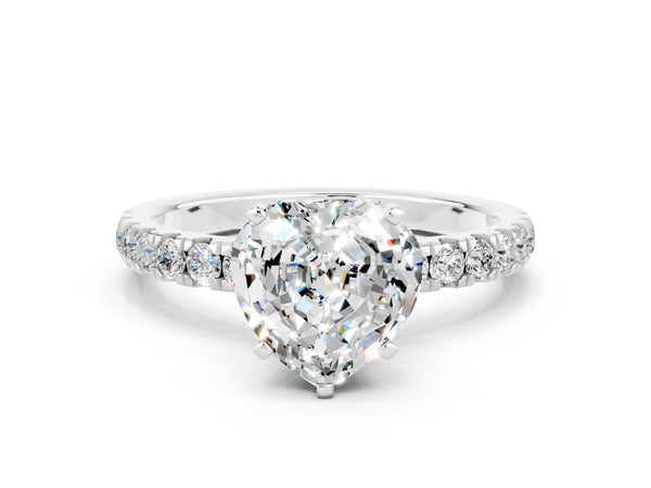 White gold Heart Cut Moissanite Solitaire Ring with Pavé Accents and Four-Prong Setting