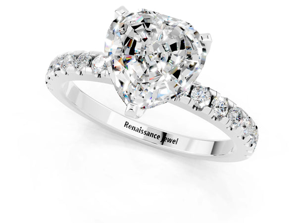 White gold Heart Cut Moissanite Solitaire Ring with Round  Pavé Band and Four-Prong Setting