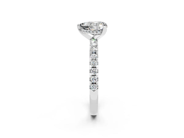 Platinum Heart Cut Moissanite Solitaire Ring with Round  Pavé Band and Four-Prong Setting