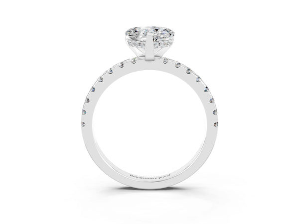 Silver Heart Cut Moissanite Solitaire Ring with Round  Pavé Band and Four-Prong Setting