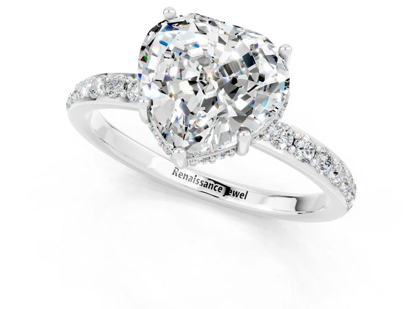 Silver Heart Cut Moissanite Solitaire Ring with Pavé Band and Hidden Halo