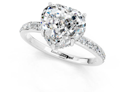 White gold Heart Cut Moissanite Solitaire Ring with Pavé Band and Hidden Halo_13