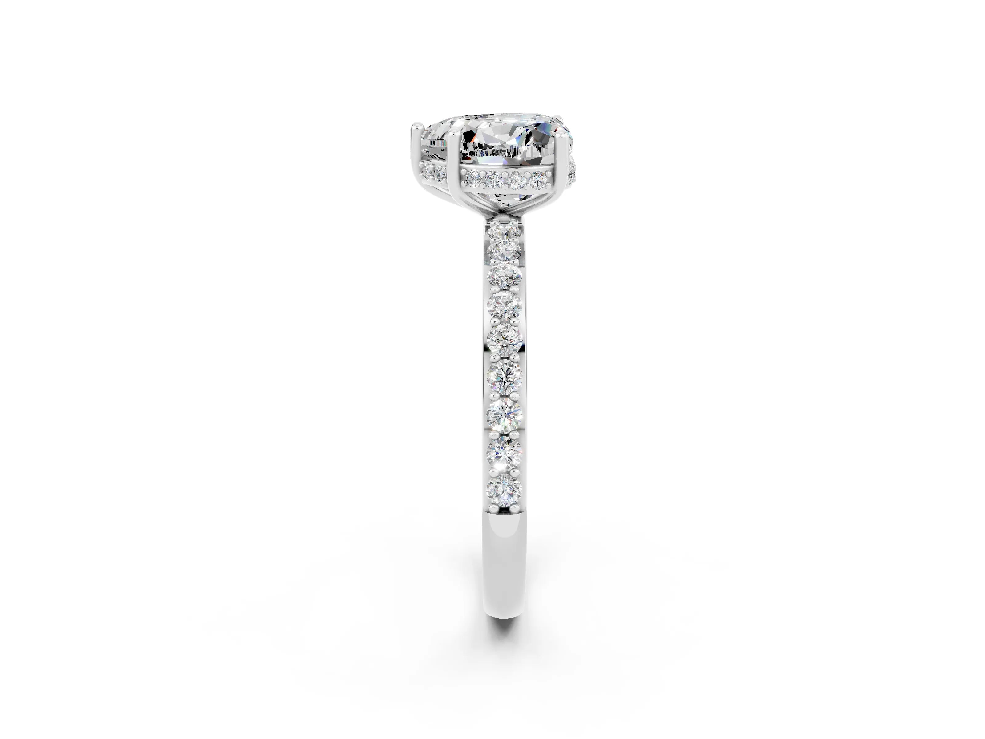 White gold Heart Cut Moissanite Solitaire Ring with Pavé Band and Hidden Halo_14