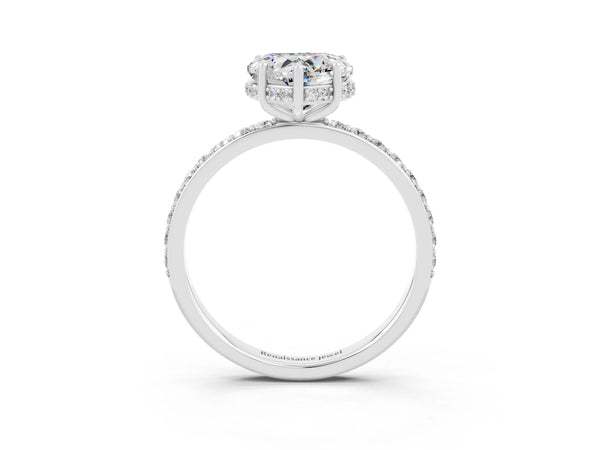 Silver Heart Cut Moissanite Solitaire Ring with Pavé Band and Hidden Halo