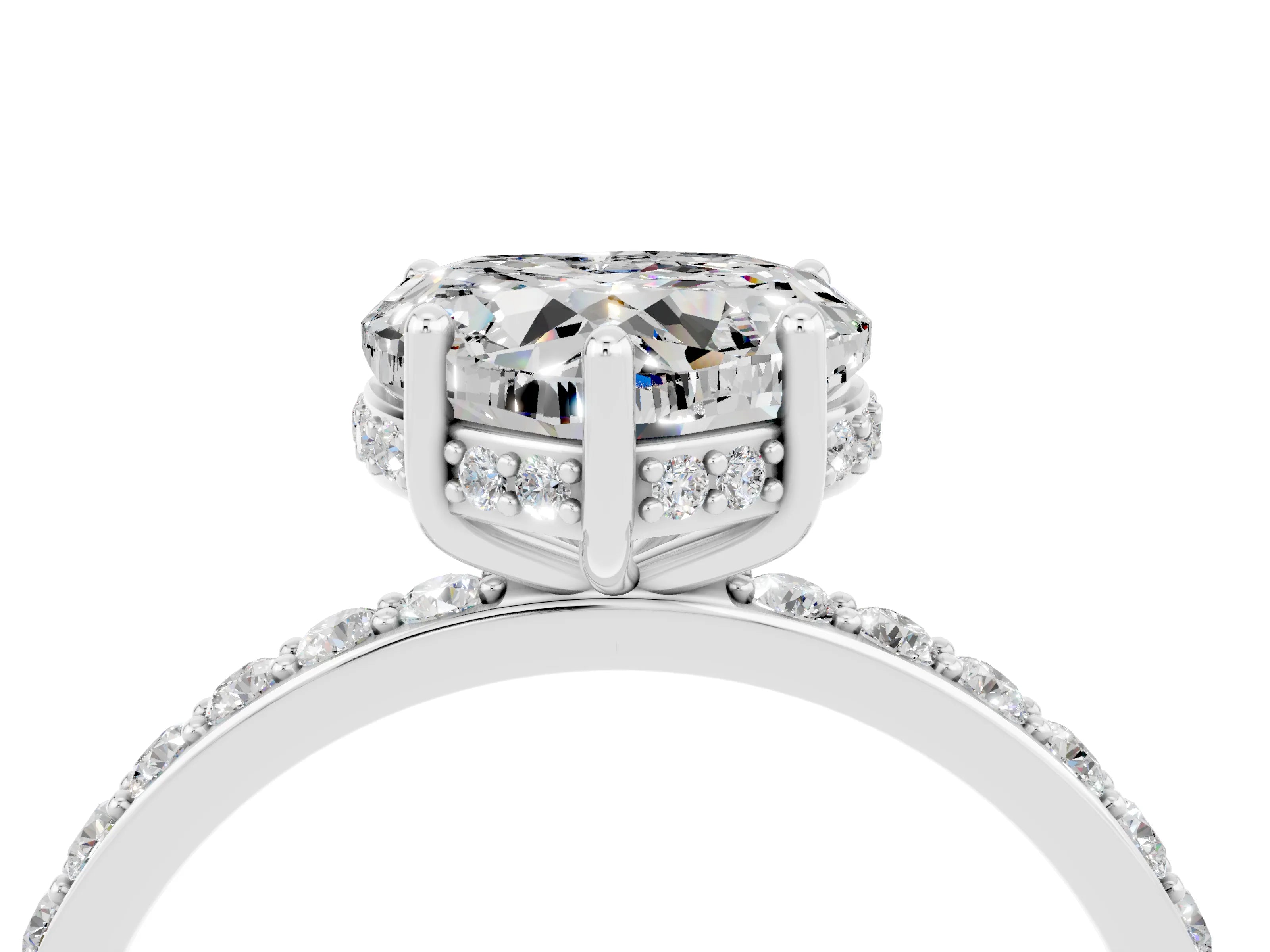 White gold Heart Cut Moissanite Solitaire Ring with Pavé Band and Hidden Halo_16
