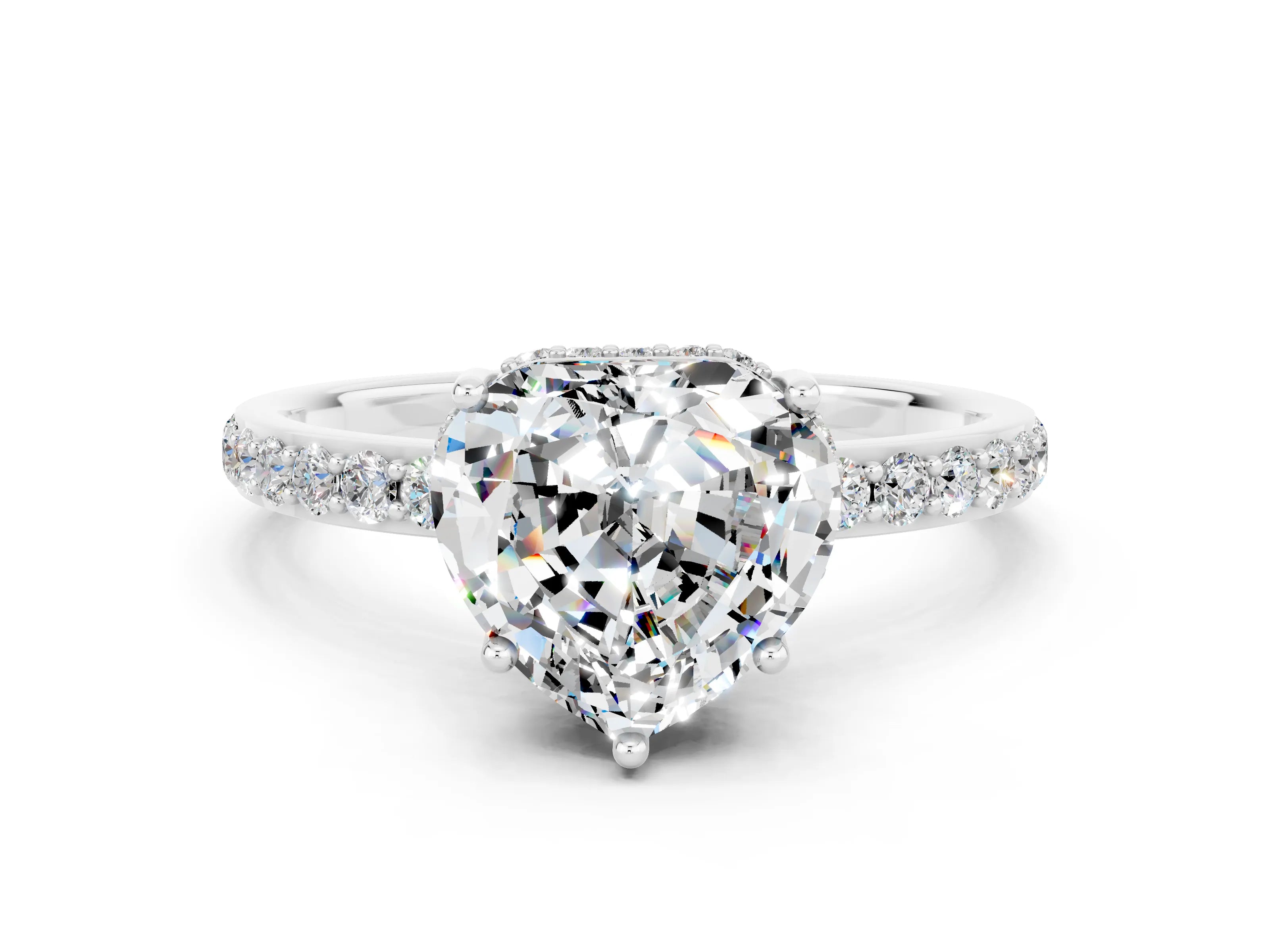 White gold Heart Cut Moissanite Solitaire Ring with Pavé Band and Hidden Halo_24