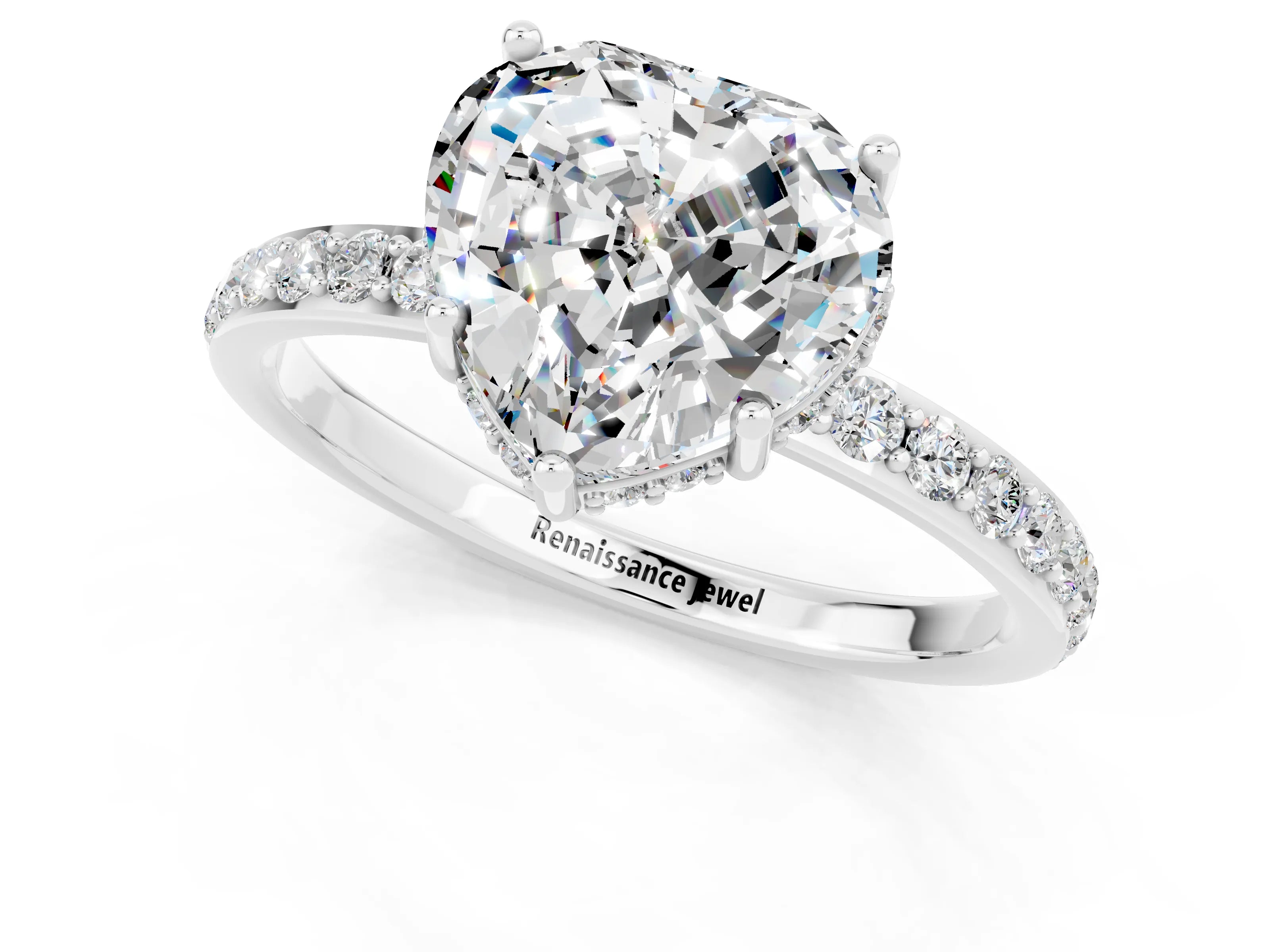 White gold Heart Cut Moissanite Solitaire Ring with Pavé Band and Hidden Halo_25