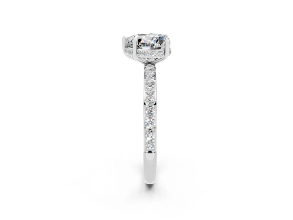 White gold Heart Cut Moissanite Solitaire Ring with Pavé Band and Hidden Halo