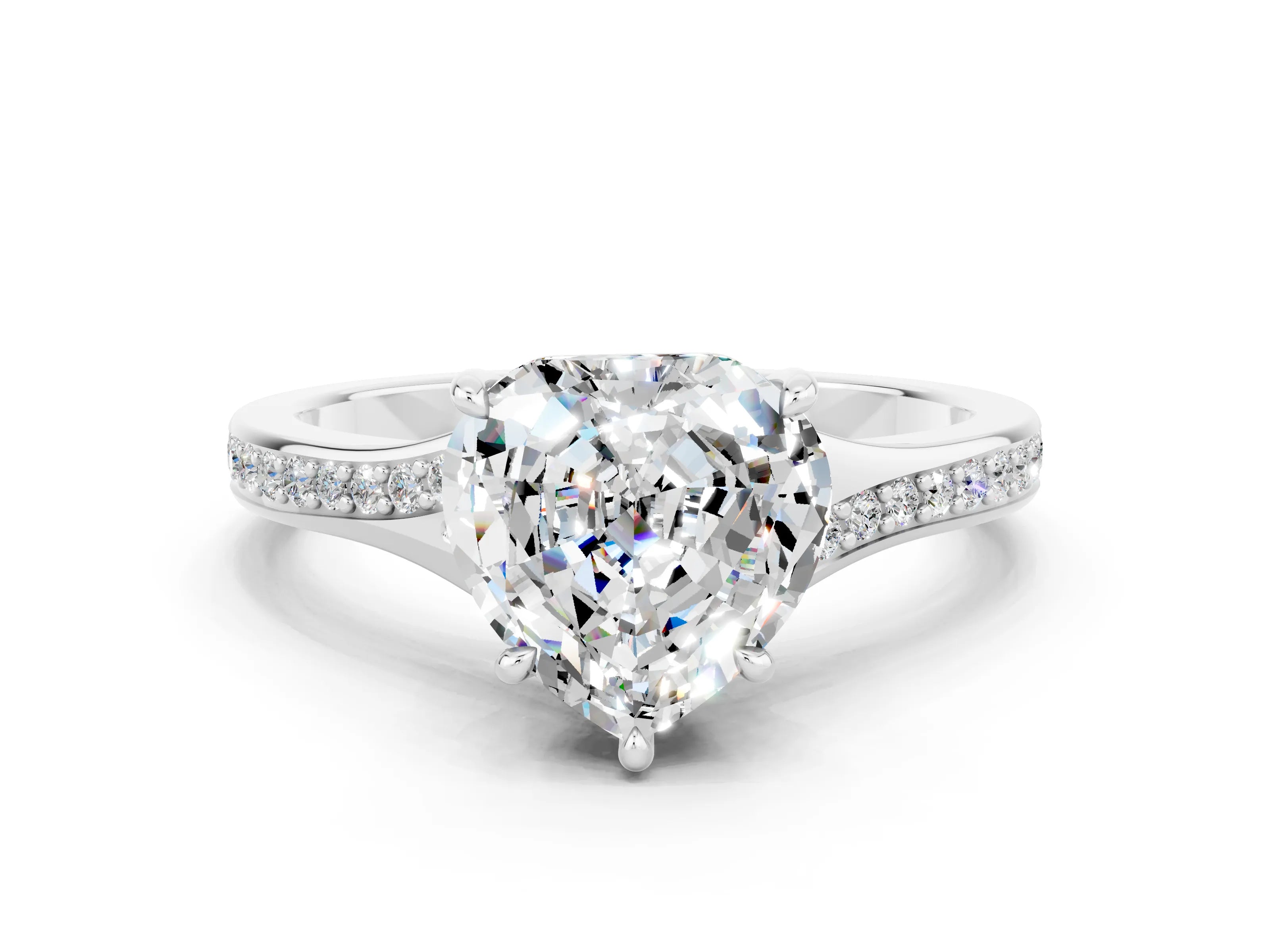 White gold Heart Cut Moissanite Solitaire Ring with Pavé Band and Prong Setting