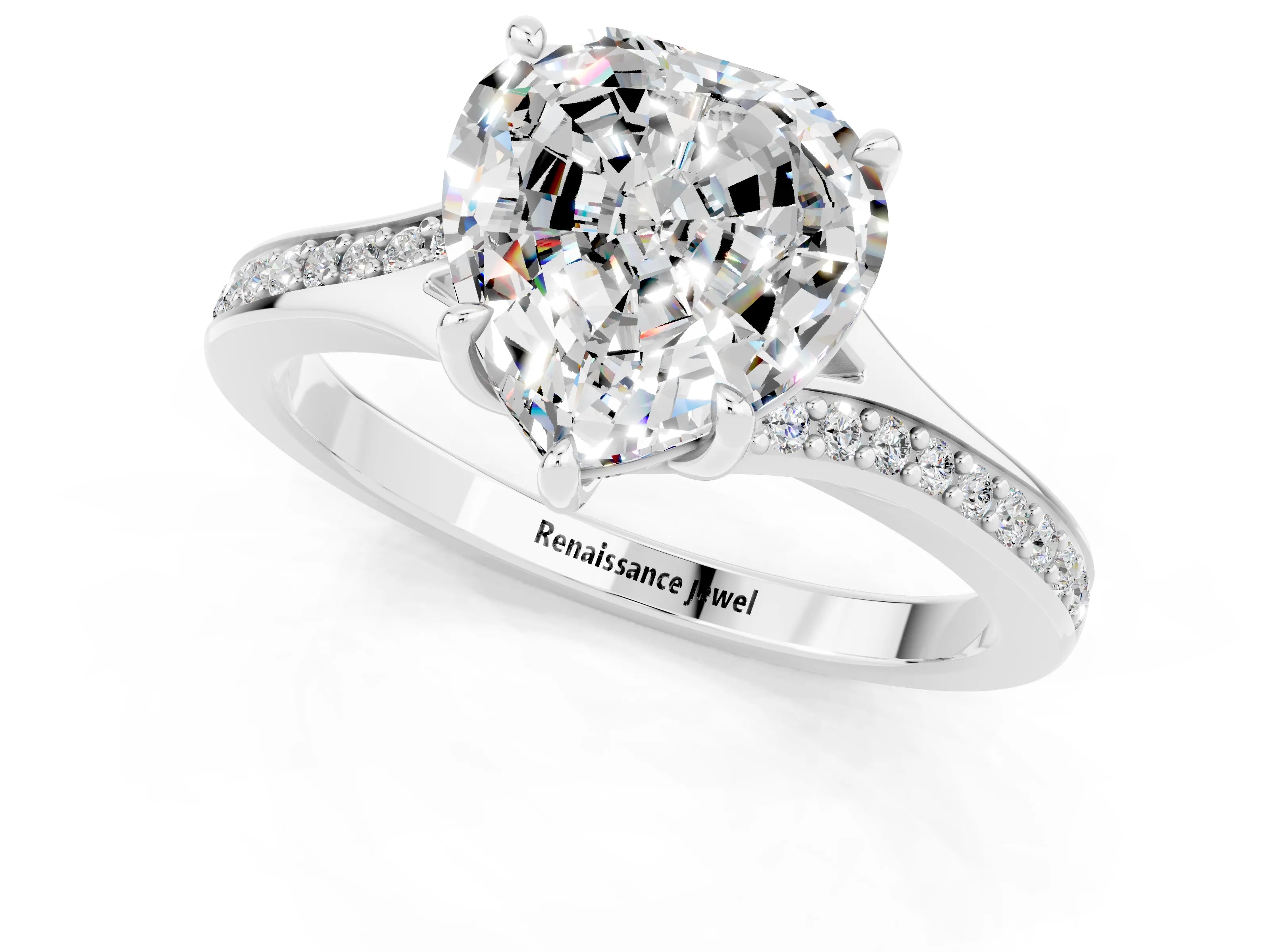 White gold Heart Cut Moissanite Solitaire Ring with Pavé Band and Prong Setting_1