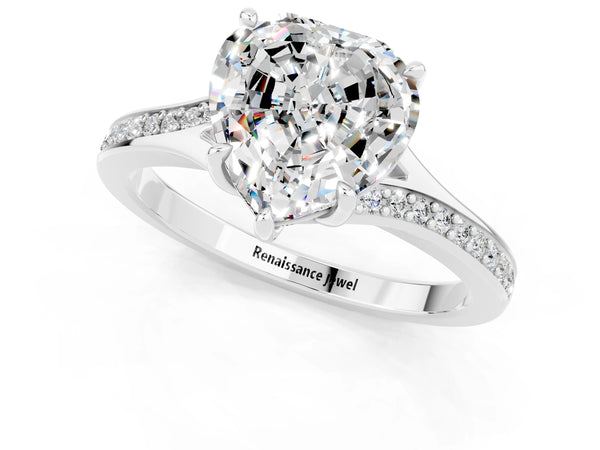 White gold Heart Cut Moissanite Solitaire Ring with Pavé Band and Prong Setting