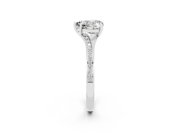 White gold Heart Cut Moissanite Solitaire Ring with Pavé Band and Prong Setting