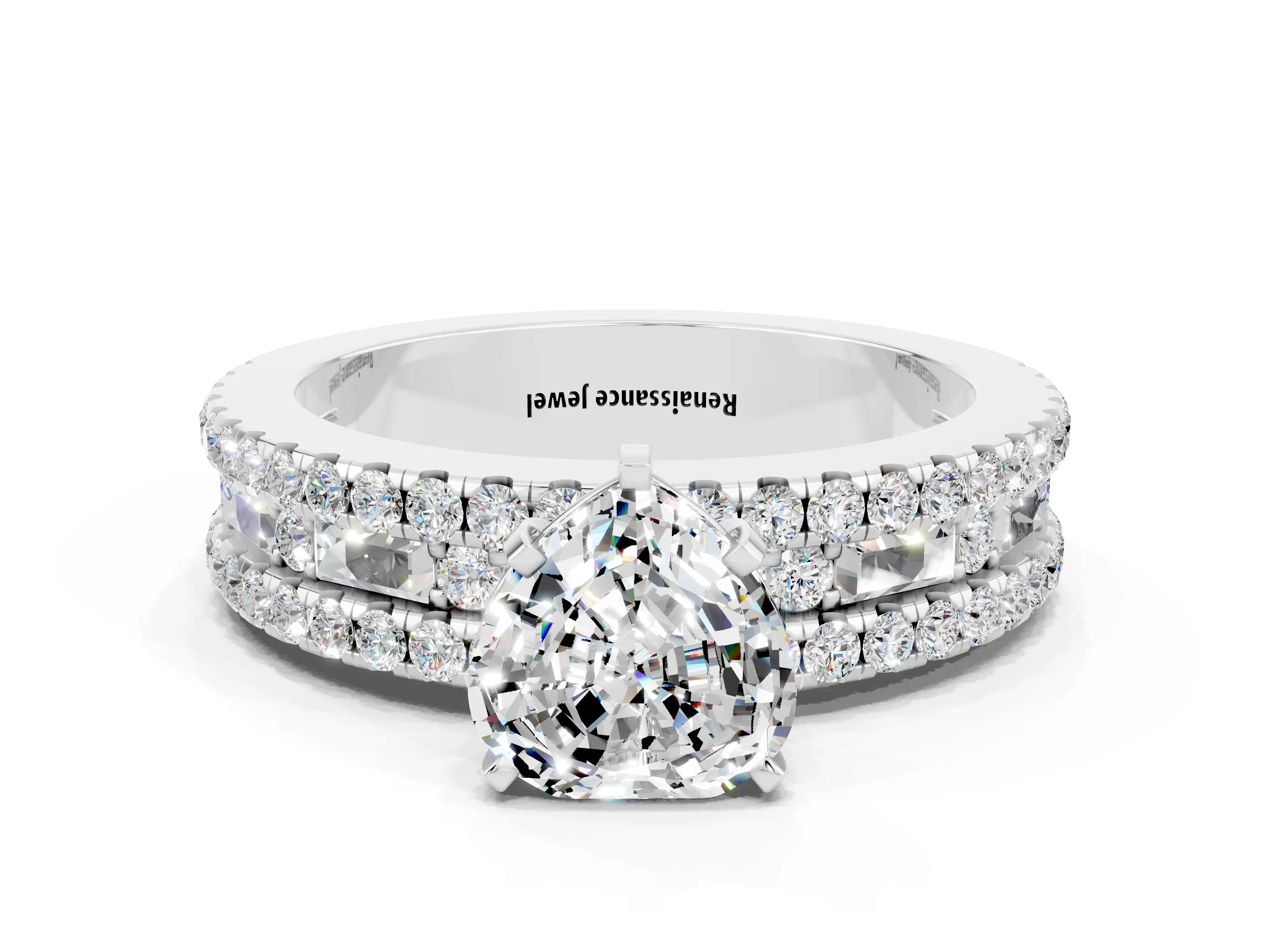 White gold Heart Cut Moissanite Solitaire Ring with Pavé and Channel Set Band