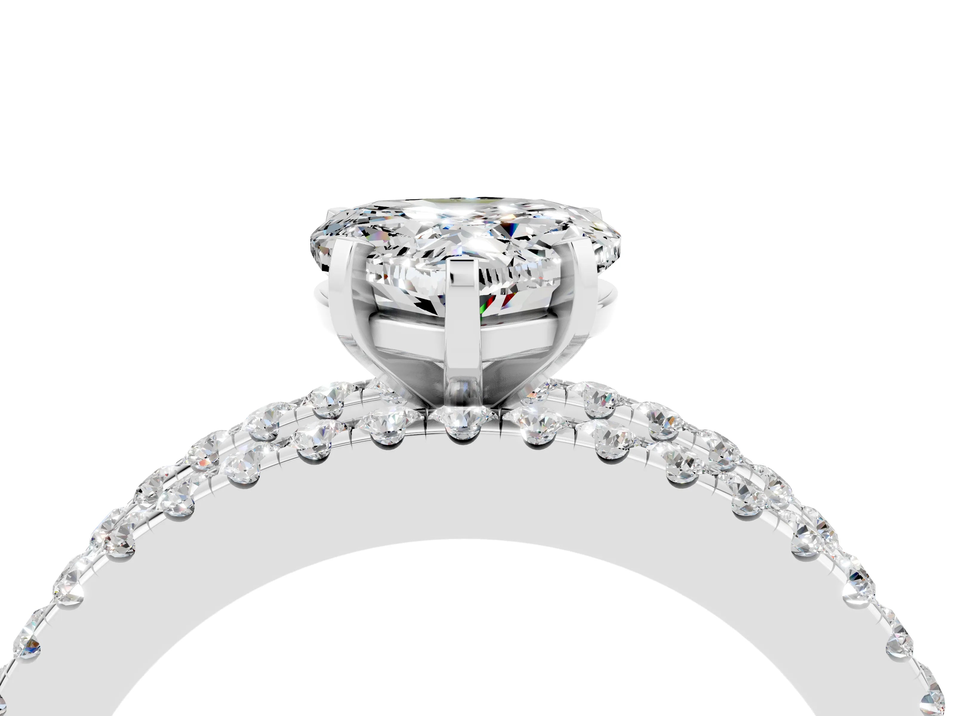 White gold Heart Cut Moissanite Solitaire Ring with Pavé and Channel Set Band_4