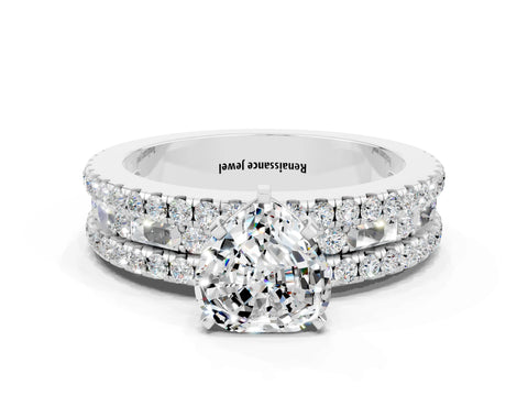 White gold Heart Cut Moissanite Solitaire Ring with Pavé and Channel Set Band