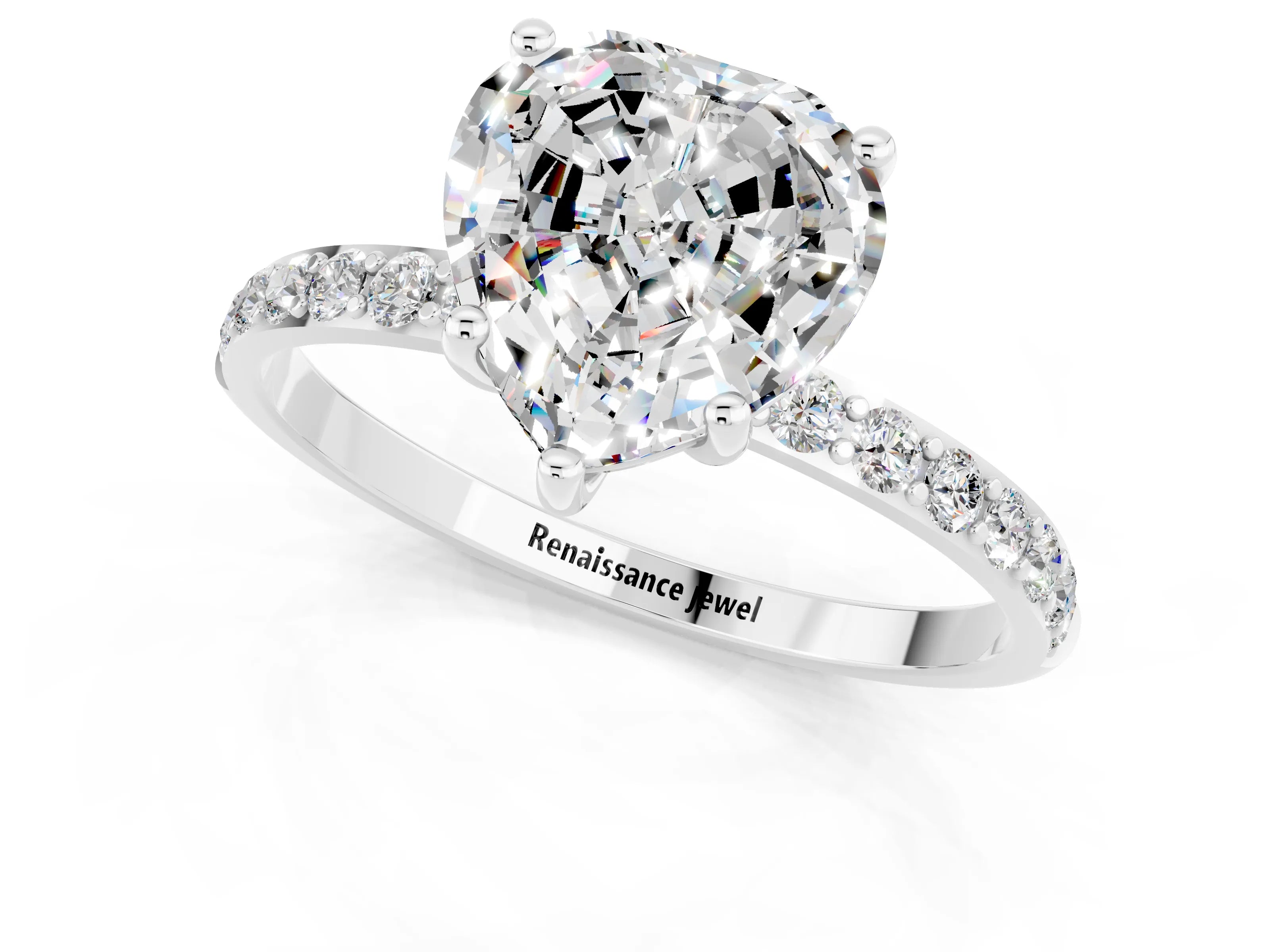 White gold Heart Cut Moissanite Solitaire Ring with Pave Band and Four Prong Setting_25