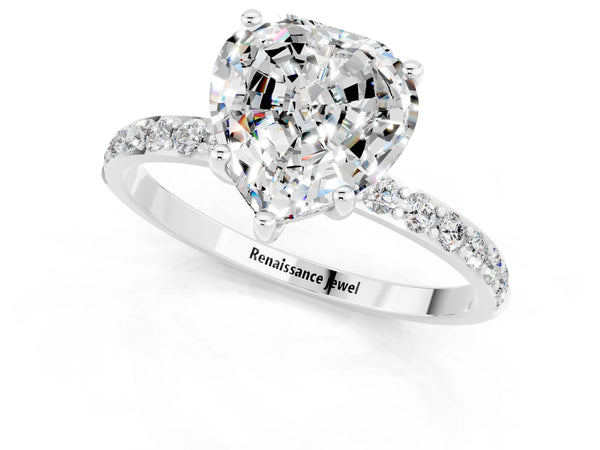 Platinum Heart Cut Moissanite Solitaire Ring with Round  Pavé Band and Prong Setting
