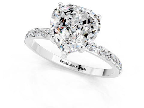 White gold Heart Cut Moissanite Solitaire Ring with Pave Band and Four Prong Setting_25