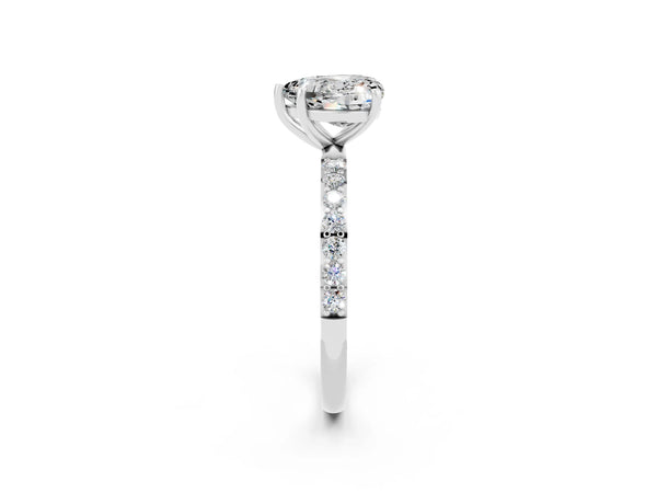 Platinum Heart Cut Moissanite Solitaire Ring with Round  Pavé Band and Prong Setting