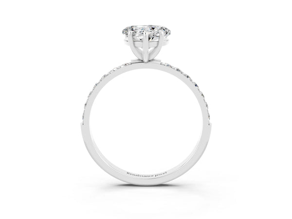 Platinum Heart Cut Moissanite Solitaire Ring with Round  Pavé Band and Prong Setting
