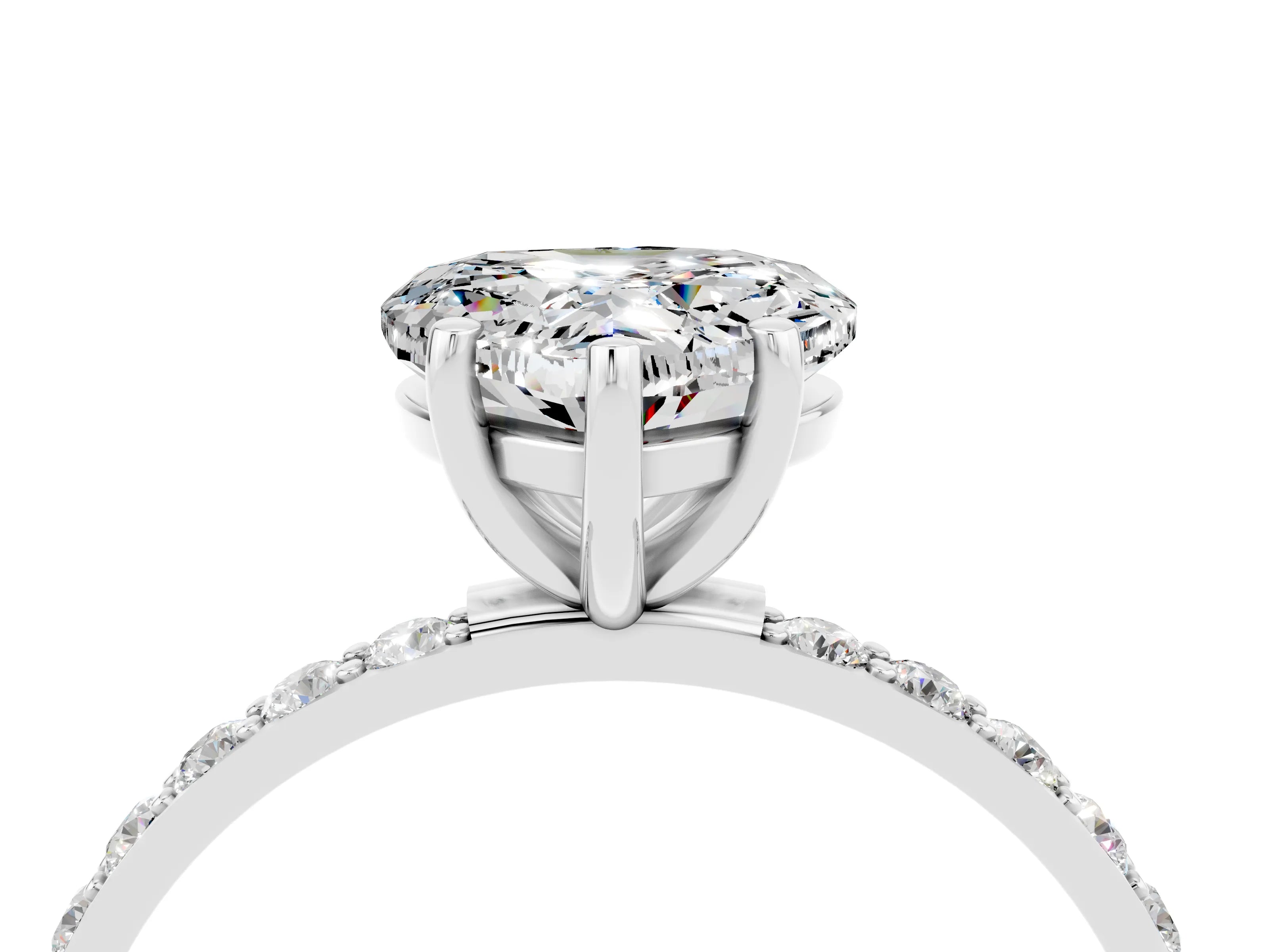 White gold Heart Cut Moissanite Solitaire Ring with Pave Band and Four Prong Setting_28