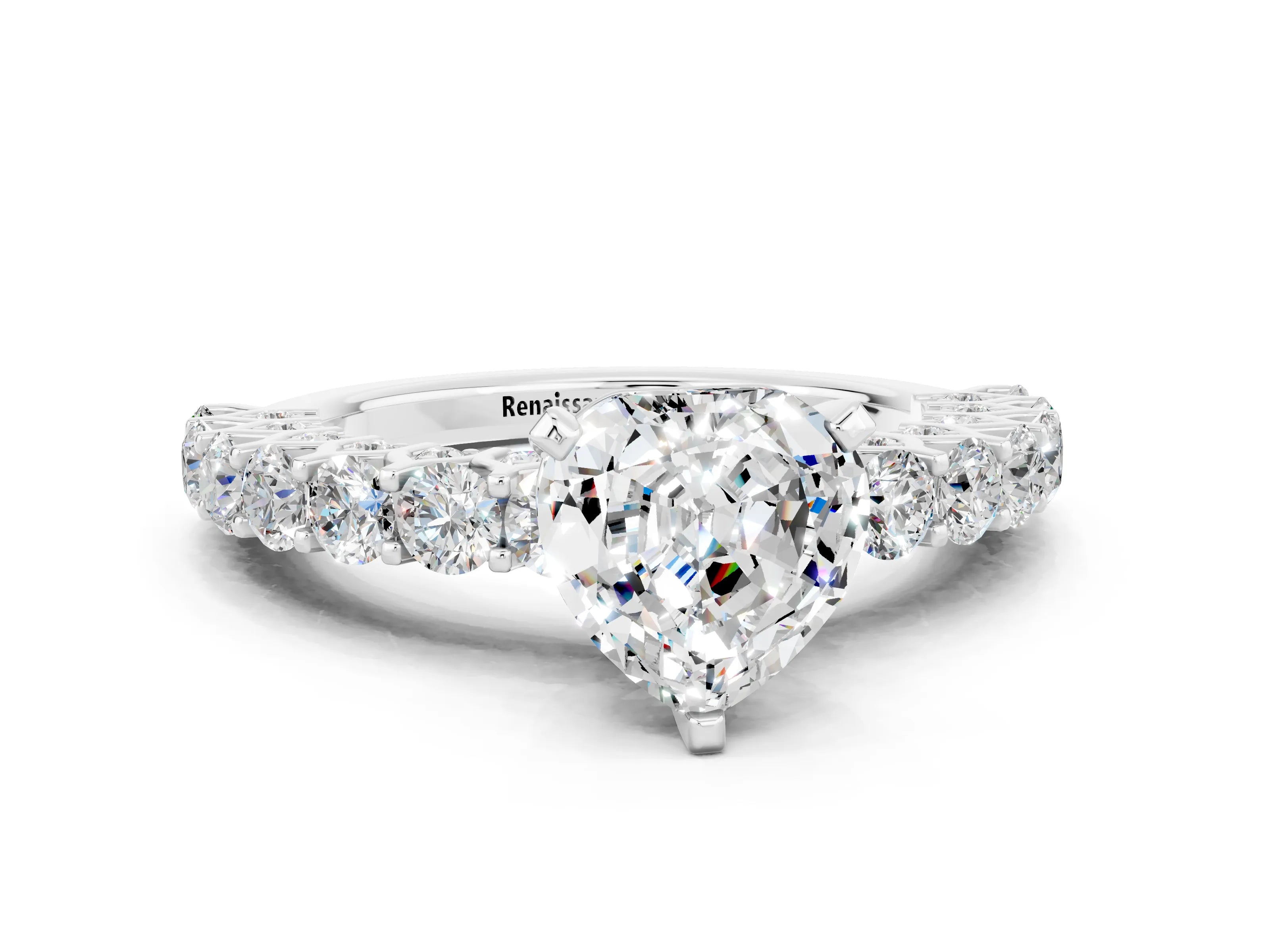 White gold Heart Cut Moissanite Solitaire Ring with Shared Prong Pavé Band and Four-Prong Setting_12