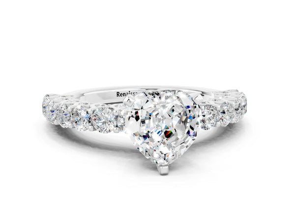 Silver Heart Cut Moissanite Solitaire Ring with Shared Prong Pavé Band and Four-Prong Setting