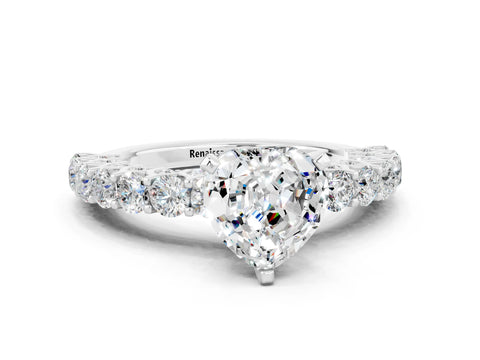 White gold Heart Cut Moissanite Solitaire Ring with Shared Prong Pavé Band and Four-Prong Setting_12