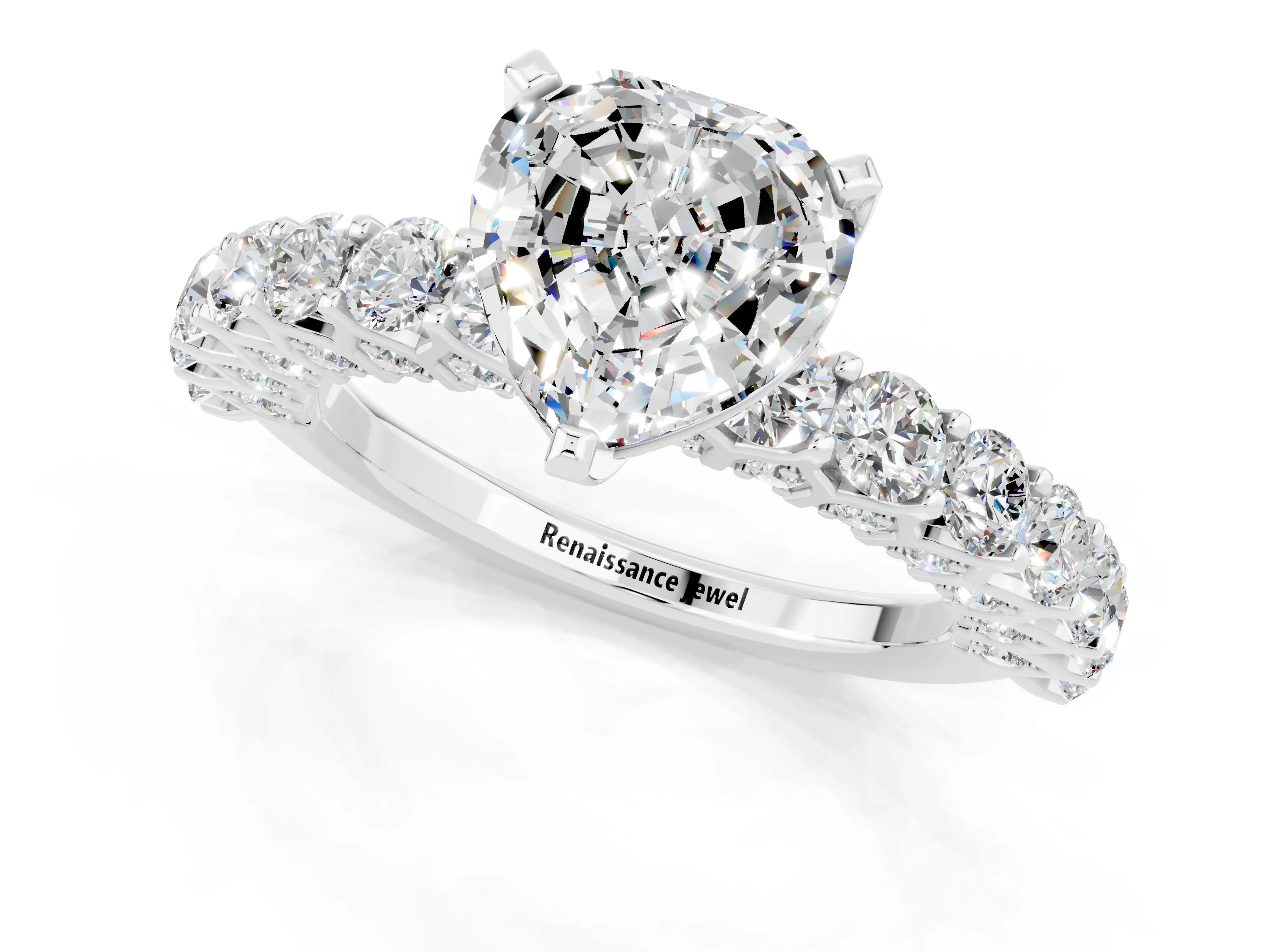 White gold Heart Cut Moissanite Solitaire Ring with Shared Prong Pavé Band and Four-Prong Setting_13