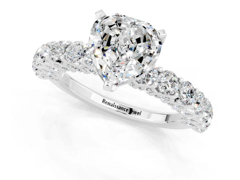 White gold Heart Cut Moissanite Solitaire Ring with Shared Prong Pavé Band and Four-Prong Setting_13