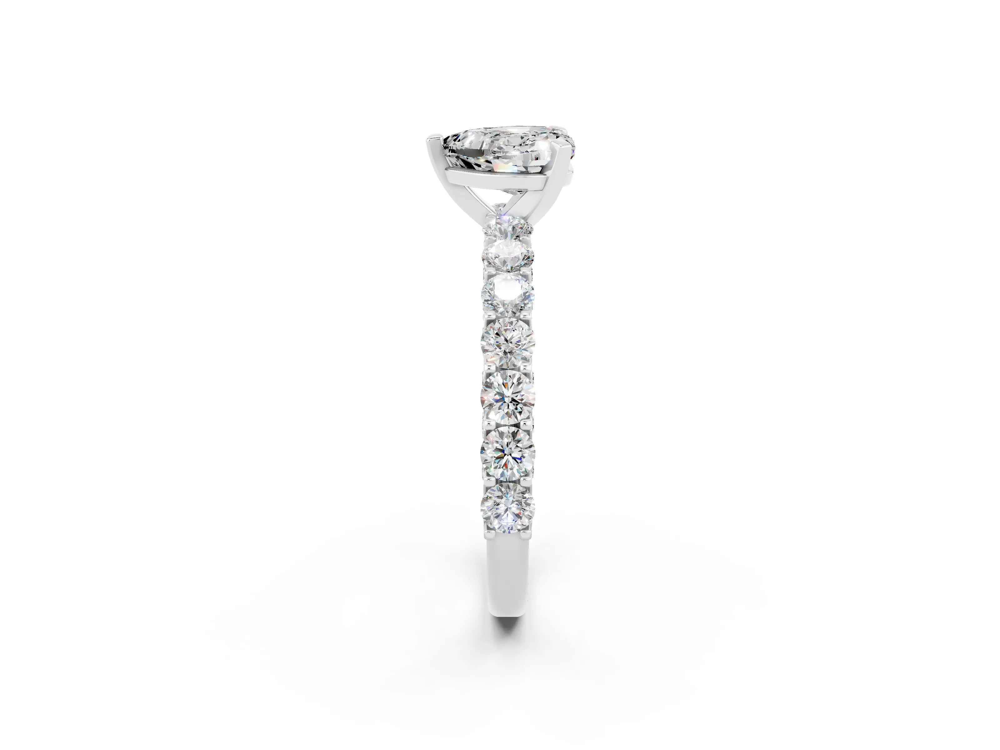 White gold Heart Cut Moissanite Solitaire Ring with Shared Prong Pavé Band and Four-Prong Setting_14