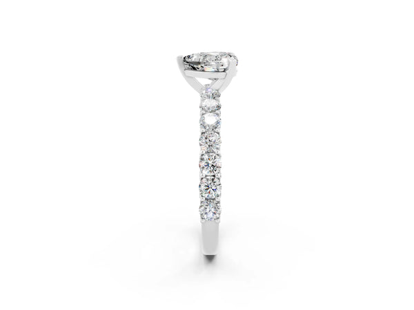 Silver Heart Cut Moissanite Solitaire Ring with Shared Prong Pavé Band and Four-Prong Setting