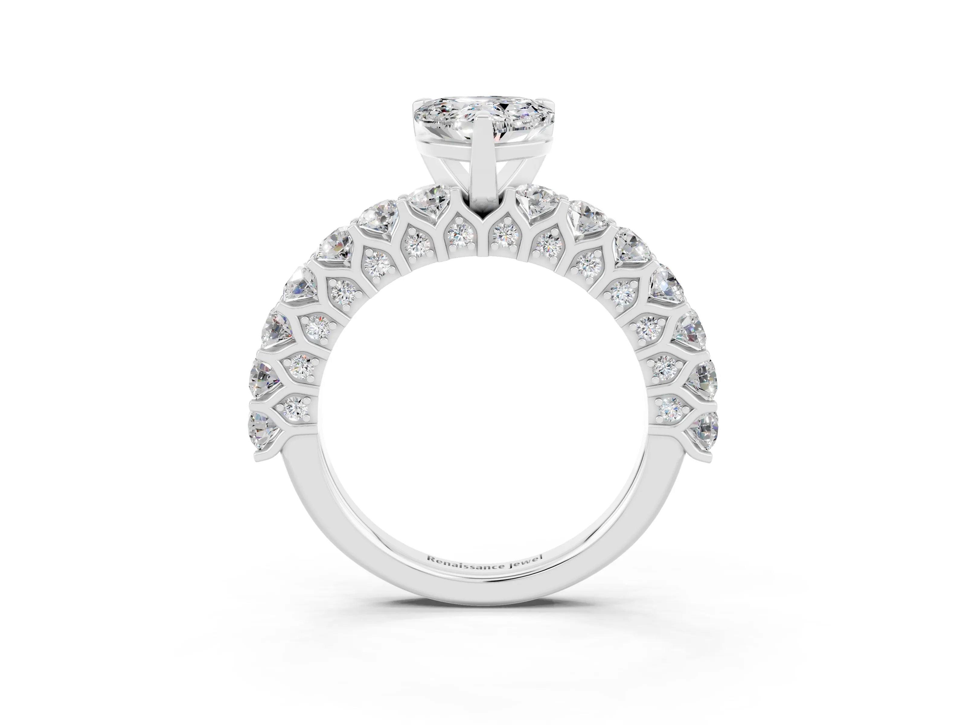 White gold Heart Cut Moissanite Solitaire Ring with Shared Prong Pavé Band and Four-Prong Setting_15