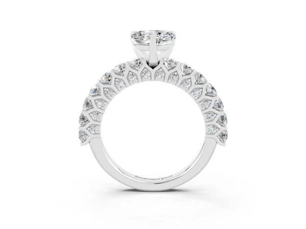 Platinum Heart Cut Moissanite Solitaire Ring with Shared Prong Pavé Band and Four-Prong Setting
