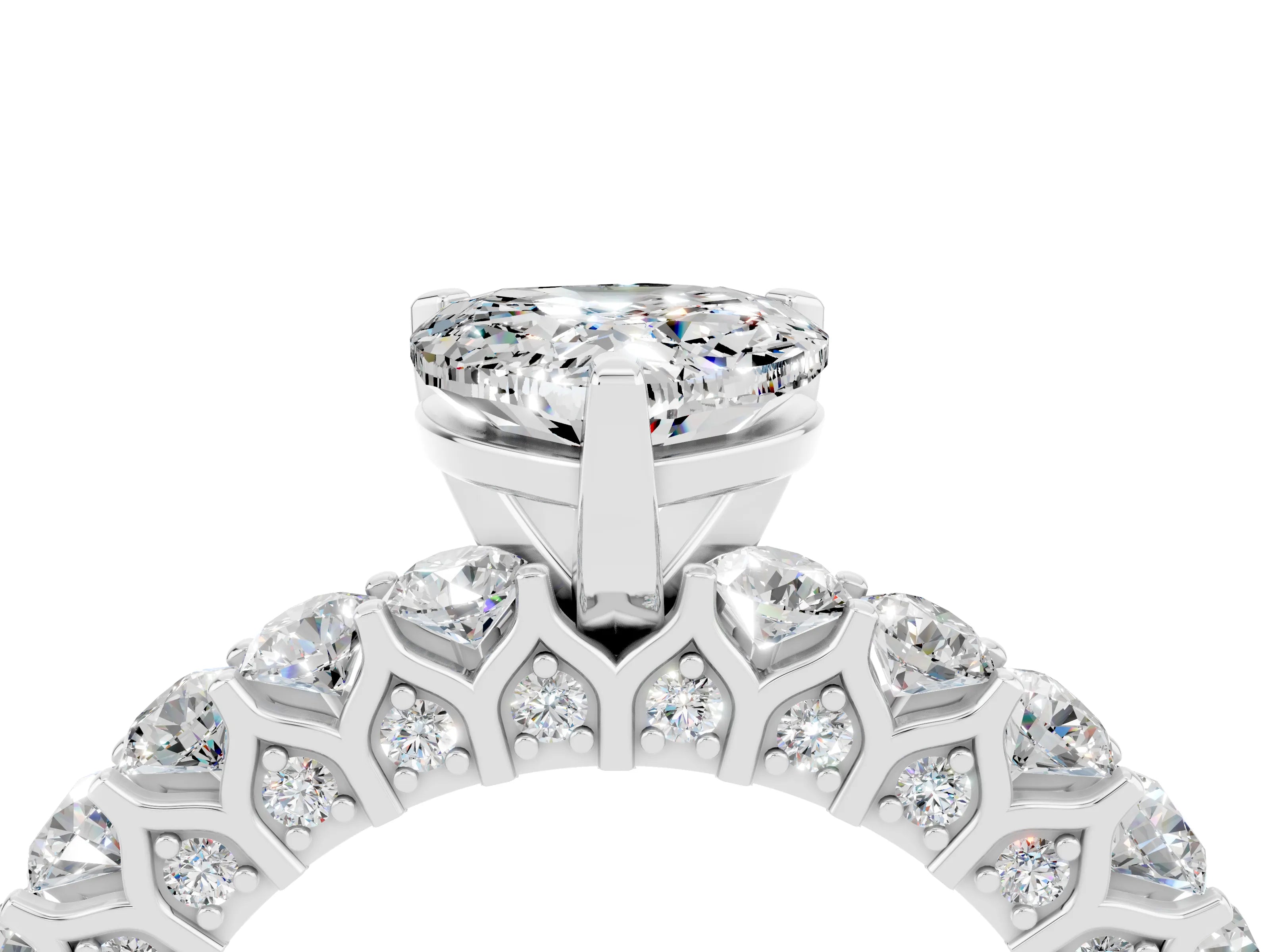 White gold Heart Cut Moissanite Solitaire Ring with Shared Prong Pavé Band and Four-Prong Setting_16