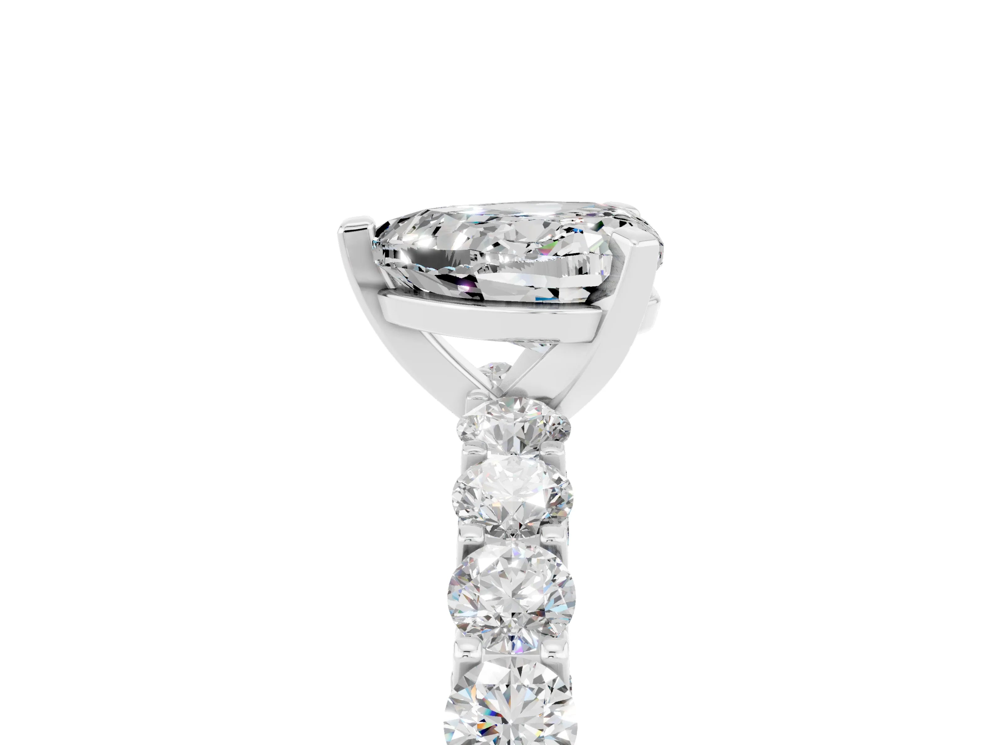 White gold Heart Cut Moissanite Solitaire Ring with Shared Prong Pavé Band and Four-Prong Setting_17