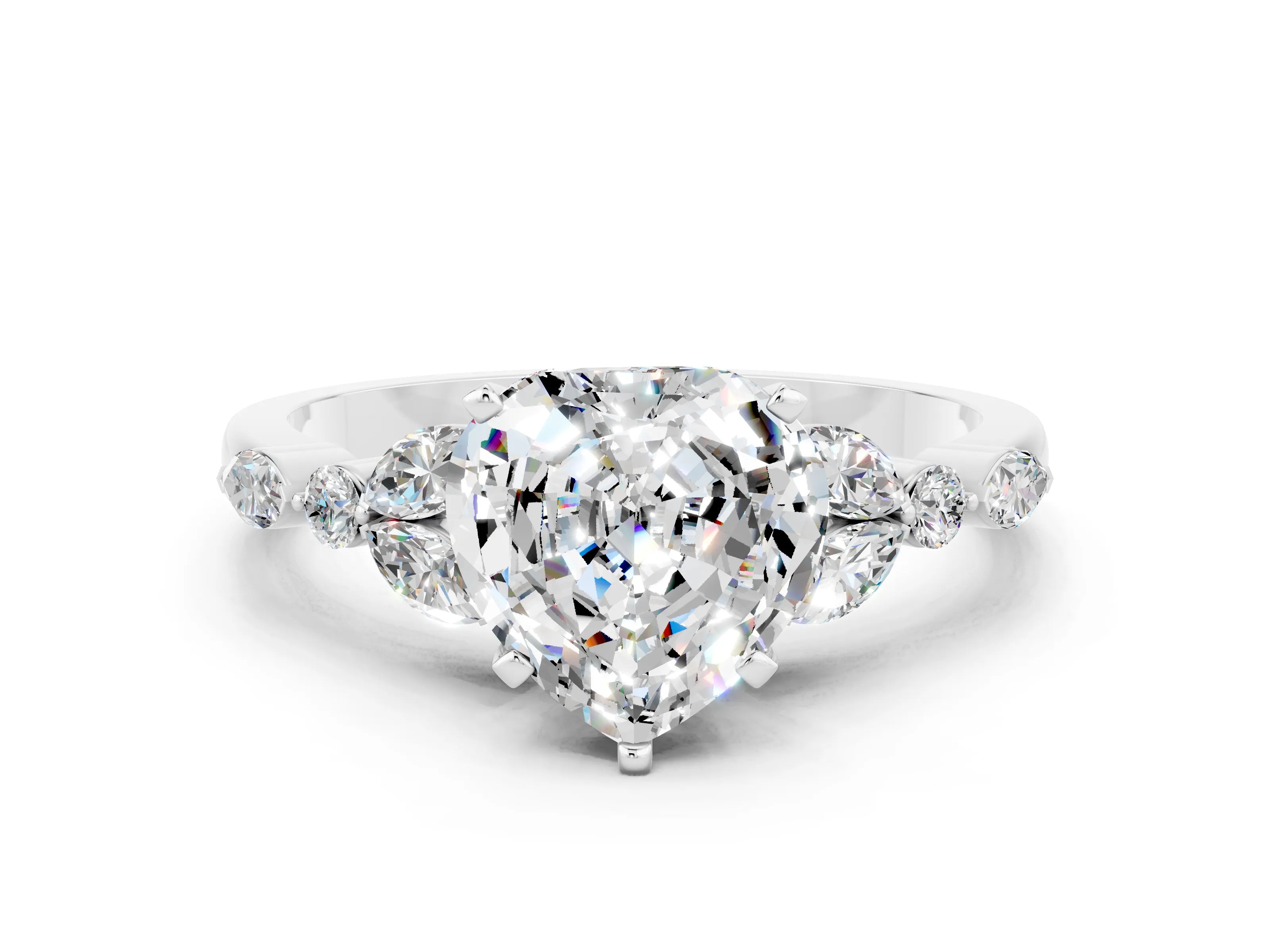 White gold Heart Cut Moissanite Solitaire Ring with Side Stones and Four-Prong Setting_12