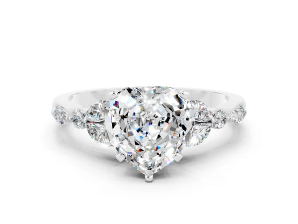 Silver Heart Cut Moissanite Solitaire Ring with Side Stones and Four-Prong Setting