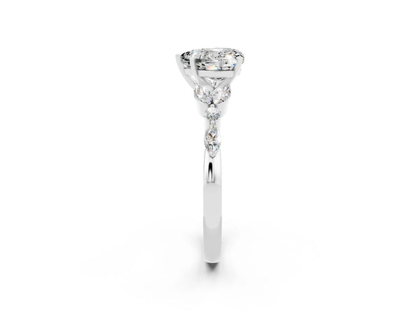 Silver Heart Cut Moissanite Solitaire Ring with Side Stones and Four-Prong Setting