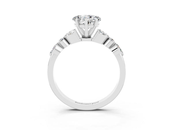 White gold Heart Cut Moissanite Solitaire Ring with Side Stones and Four-Prong Setting
