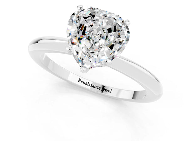 Silver Heart Cut Moissanite Solitaire Ring with Six-Prong Setting and Classic Band