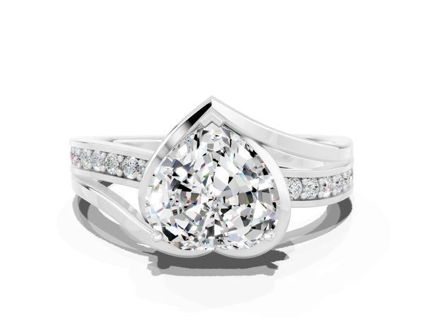 White gold Heart Cut Moissanite Solitaire Ring with Split Shank and Prong Setting