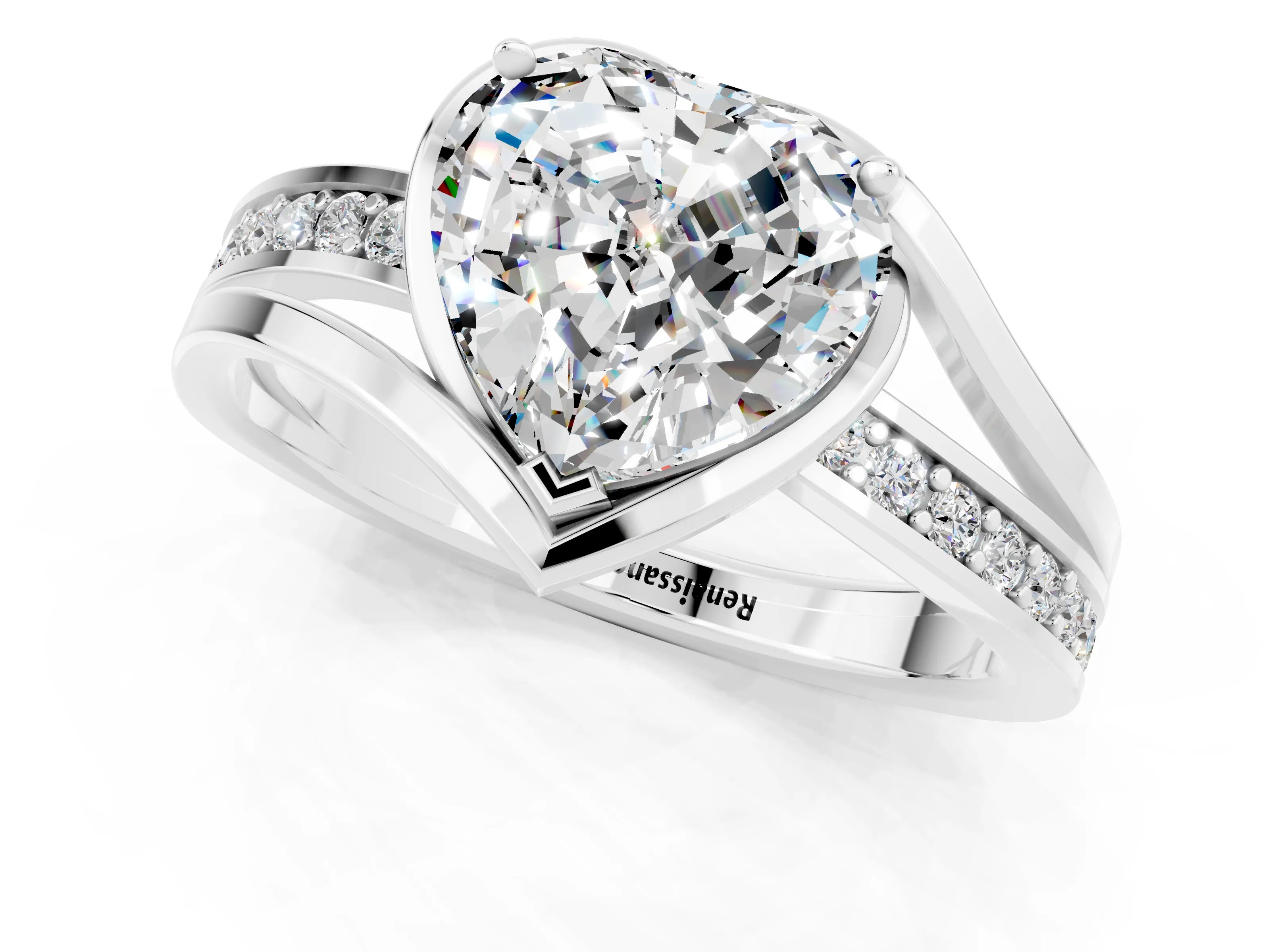 White gold Heart Cut Moissanite Solitaire Ring with Split Shank and Prong Setting_1