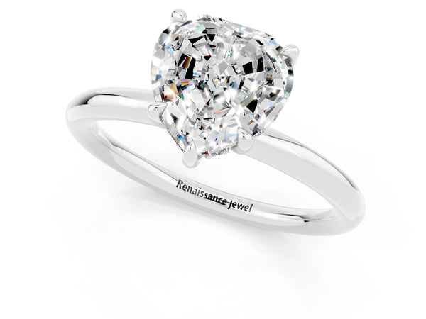 Platinum Heart Cut Moissanite Solitaire Ring with Thin Band and Four-Prong Setting