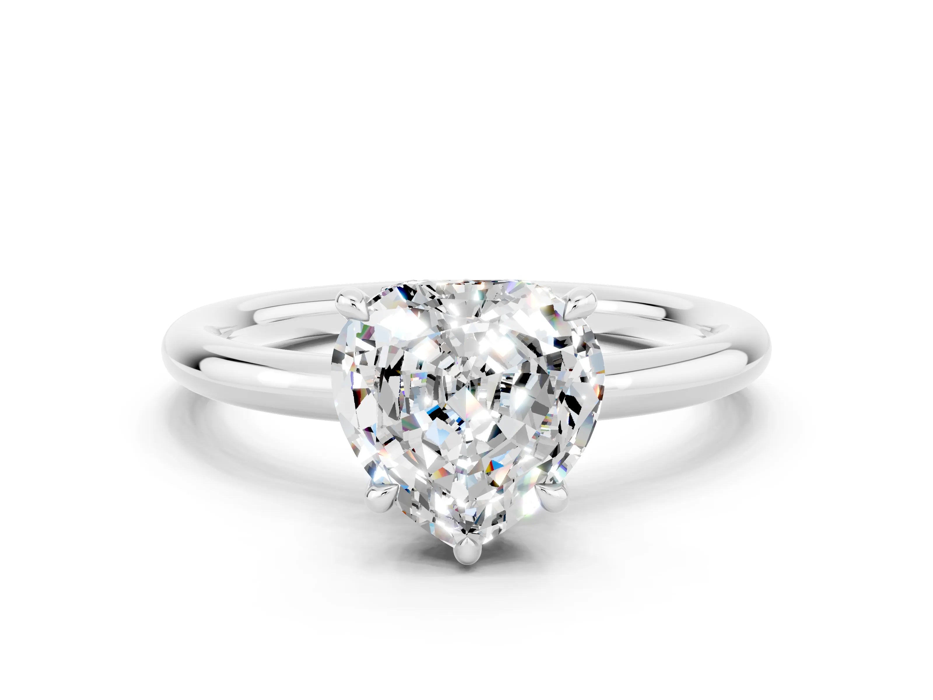 White gold Heart Cut Moissanite Solitaire Ring with Thin Band and Four-Prong Setting