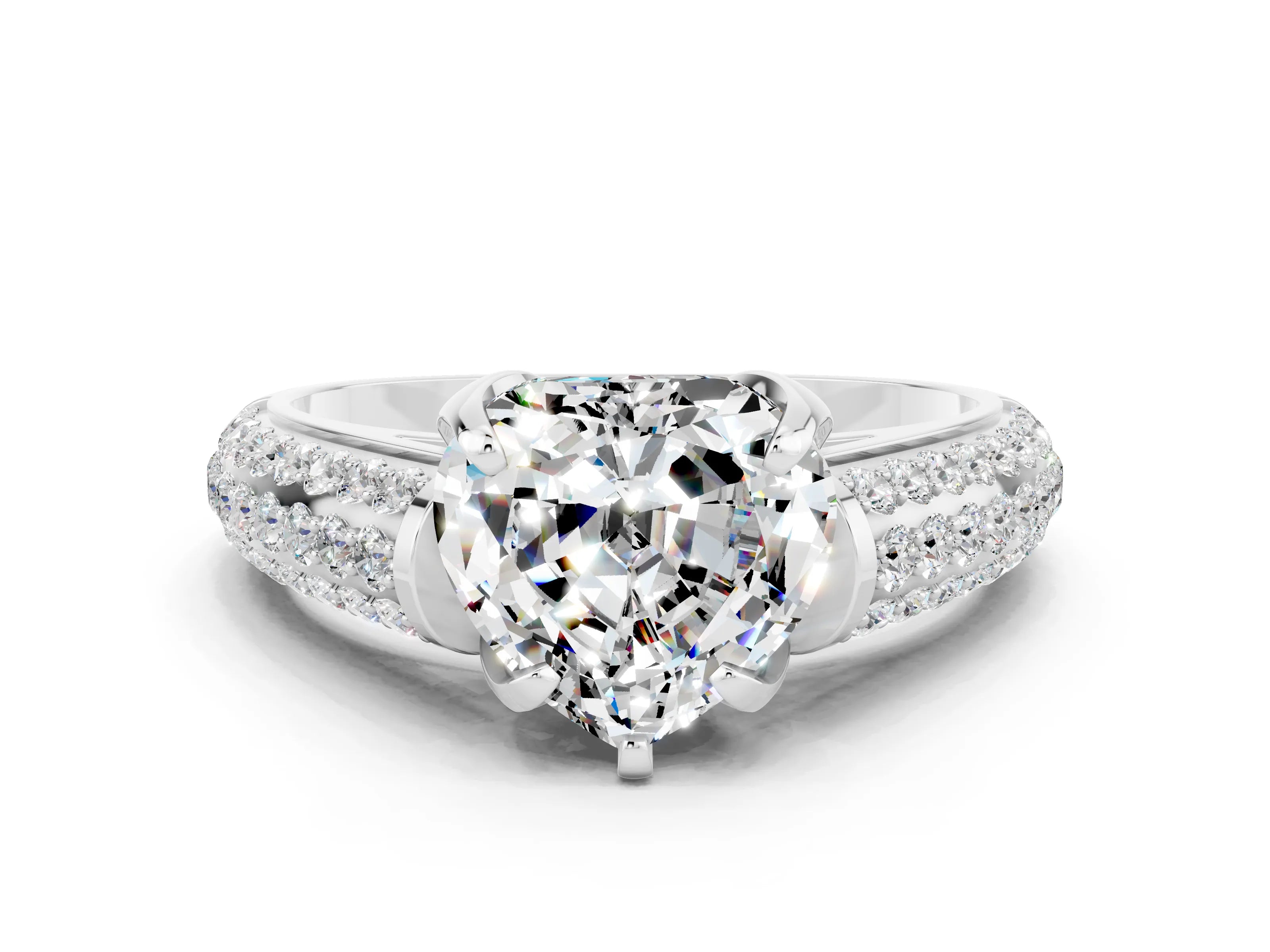 White gold Heart Cut Moissanite Solitaire Ring with Three-Row Pavé Band and Four-Prong Setting_12