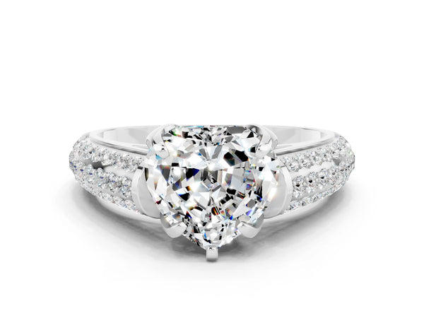 Silver Heart Cut Moissanite Solitaire Ring with Three-Row Pavé Band and Four-Prong Setting